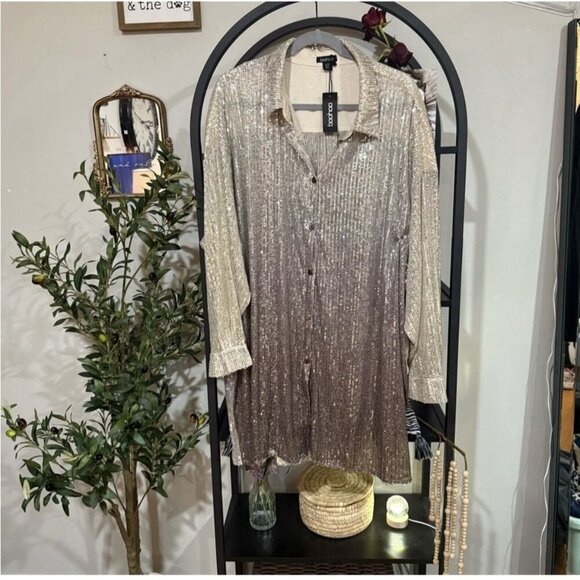 boohoo full sequin button-down dress size 22 new with tag - Picture 1 of 8